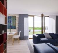 Living room in a family house with wood-decor flooring, a blue sofa, and glass doors.