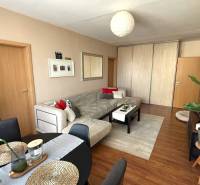 Living room in a 3-room apartment with a sofa and a table, floor with wooden decor.