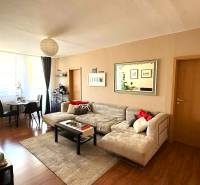 Living room in a 3-room apartment with a wooden decor floor, a sofa, and a dining table.