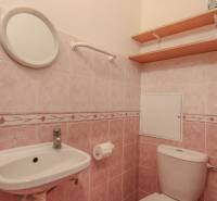 A bathroom with pink tiles and sanitary ware in a 2-room apartment.