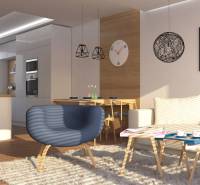 Living room in a family house with a carpet, an armchair, and a dining table, floor with wooden decor.