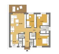 Floor plan of a family house with a wooden decor floor and spacious rooms.