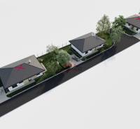 Visualization of three family houses on Kostolná Street in Drahovce with greenery and parking spaces.