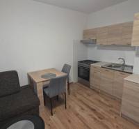 A kitchen in a studio apartment with wooden decor flooring and furniture.