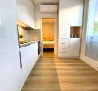 Bright kitchen in a two-room apartment with a wood-patterned floor and white cabinets.