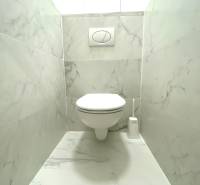Bathroom with wall-hung toilet and marble tiles in a 2-room apartment.
