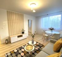 Living room of a two-room apartment with a wood-patterned floor, light furniture, and decorations.