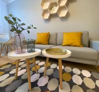 A living room in a two-room apartment with geometric shelves, a gray sofa, and a colorful carpet.