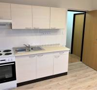 Kitchen unit with an electric stove, white cabinets, and a wooden decor floor in a studio apartment.