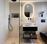 A bathroom in a family house with an illuminated mirror, black accessories, and a shower.
