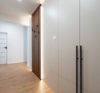 A hallway in a 3-room apartment with a light-colored wall and a wood-patterned floor.