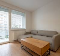 A gray sofa in a 3-room apartment with a table and a wooden decor floor.