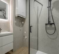A bathroom with a shower and a floor with a wooden decor in a 3-room apartment.