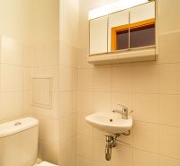 Bathroom with toilet, sink, and mirror in a 3-room apartment.