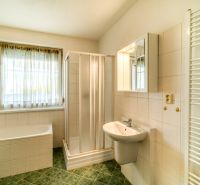 A bathroom in a 3-room apartment with a shower, bathtub, and radiator.