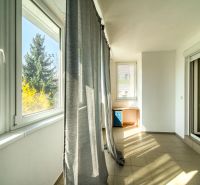 A bright three-room apartment with large windows and tiles.