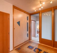A hallway in a 3-room apartment with wooden decor and a built-in wardrobe.