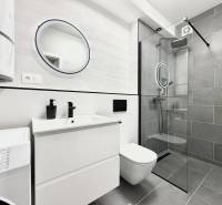 A bathroom in a studio apartment with modern grey tiles and a glass shower enclosure.