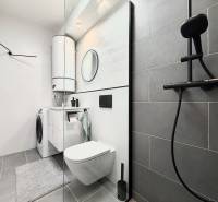 Bathroom in a studio apartment with a sink, shower, and washing machine on light-colored tiles.