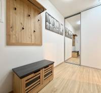 A hallway of a one-room apartment with a coat rack and a floor with a wooden decor.