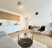 A kitchen in a studio apartment with a wood-patterned floor and comfortable seating.