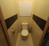 Bathroom in a 4-room apartment with a toilet and tiles, complemented by a light carpet.