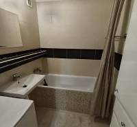 A bathroom with a shower curtain, bathtub, and sink in a 4-room apartment.