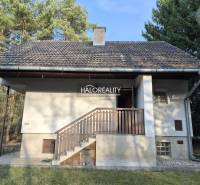 A cottage in Borský Svätý Jur in the middle of the forest with a balcony and a sloped roof.