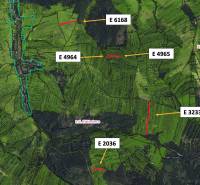 Aerial map of agricultural and forest lands around Zábiedovo with marked parcels.