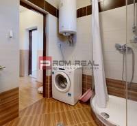 A bathroom in a family house with a washing machine, a shower corner, and a floor with a wooden decor.