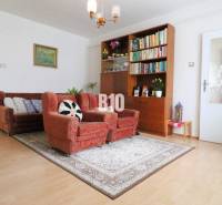 Living room of a family house with a sofa, armchairs, and a bookshelf on a floor with a wooden decor.