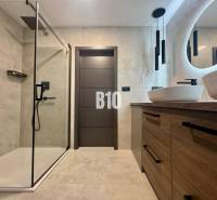 Bathroom in a 4-room apartment with an open shower and a floor with a wooden decor.