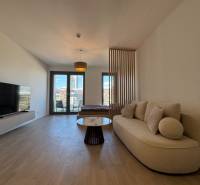 Living room in a one-bedroom apartment with a sofa, television, and wooden decor flooring.