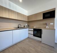 A kitchen in a studio apartment with a wood-patterned floor, wooden cabinets, and appliances.