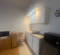 Kitchen corner in a studio apartment with a microwave, refrigerator, and chair.