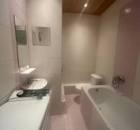 A bathroom in a studio apartment with a bathtub, washing machine, sink, and toilet.