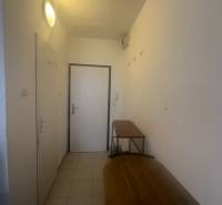 A narrow hallway in a studio apartment with simple furniture and white walls.