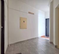 A hallway in a 3-room apartment with light-colored walls and gray tiles.