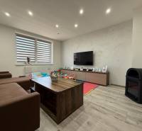 Living room in a family house with a sofa, television, and wood-patterned flooring.