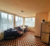A room in a family house with a checkered floor, furniture, and large windows with a view.