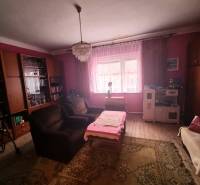 Living room of a family house with pink walls, a chandelier, a sofa, and wooden floor decor.
