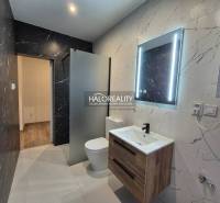 A bathroom in a 2-room apartment with black marble and a wooden decor floor.
