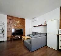 Living room in a two-room apartment with a wooden decor floor, a sofa, and a television.