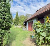 A family house in Krivosúd-Bodovka with red doors and sunflowers in the garden.