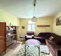 Living room with carpets, books, a brown couch, and a wooden-patterned floor in a family house.