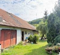 The courtyard of a family house in Krivosúd-Bodovka with a garage and a garden full of vegetation.