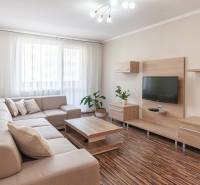 Living room in a 3-room apartment with a sofa, television, and wooden decor flooring.