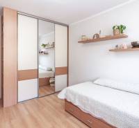 Bedroom in a 3-room apartment with a bed and a mirrored wardrobe, wooden decor flooring.