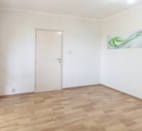 An empty room with a decorative painting and a wooden-patterned floor in a 3-room apartment.