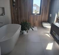 A bathroom in a family house with a bathtub, shower, and a floor with a wooden decor.